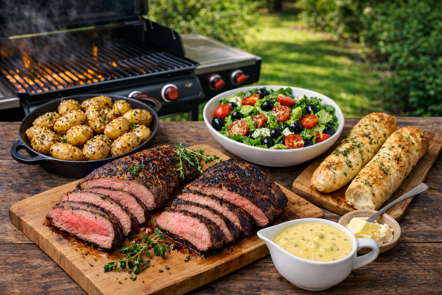 Grillemenu af Grillet oksecuvette med timian (Sous vide), Grillet kalveculotte med røg smag, Små petit kartofler med sesamfrø, Sprød romainesalat med persille, Cherry tomat, sorte oliven,-  eddike dressing & hvidløg/eddike dressing, Bearnaisesauce, Hjemmebagt flüte med krydderurter & smør