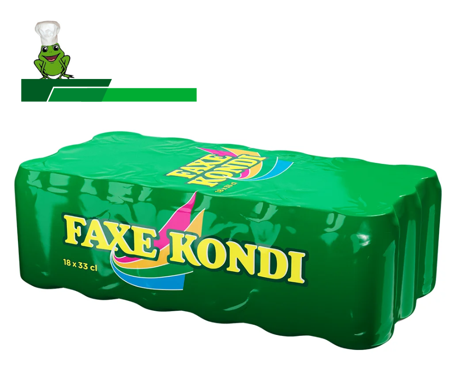 En ramme dåse sodavand af Faxe kondi, med kokkefrøen´s logo 