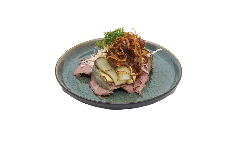 Luksus rugbrød smørrebrød med Roastbeef, hjemme rørt remoulade, hjemmelavet ristede løg & peberrod