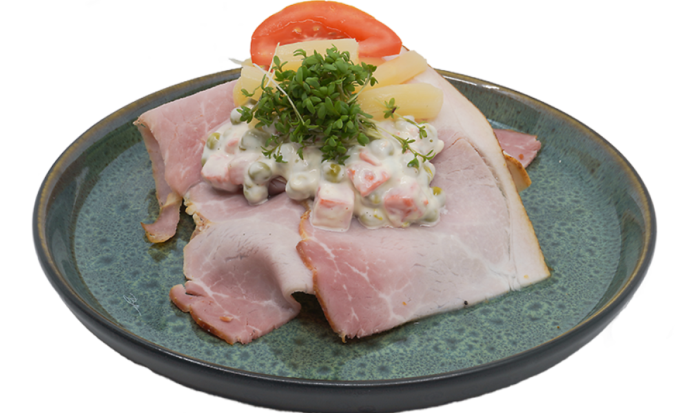 Luksus rugbrød smørrebrød med Skinke, italiensk salat & asparges